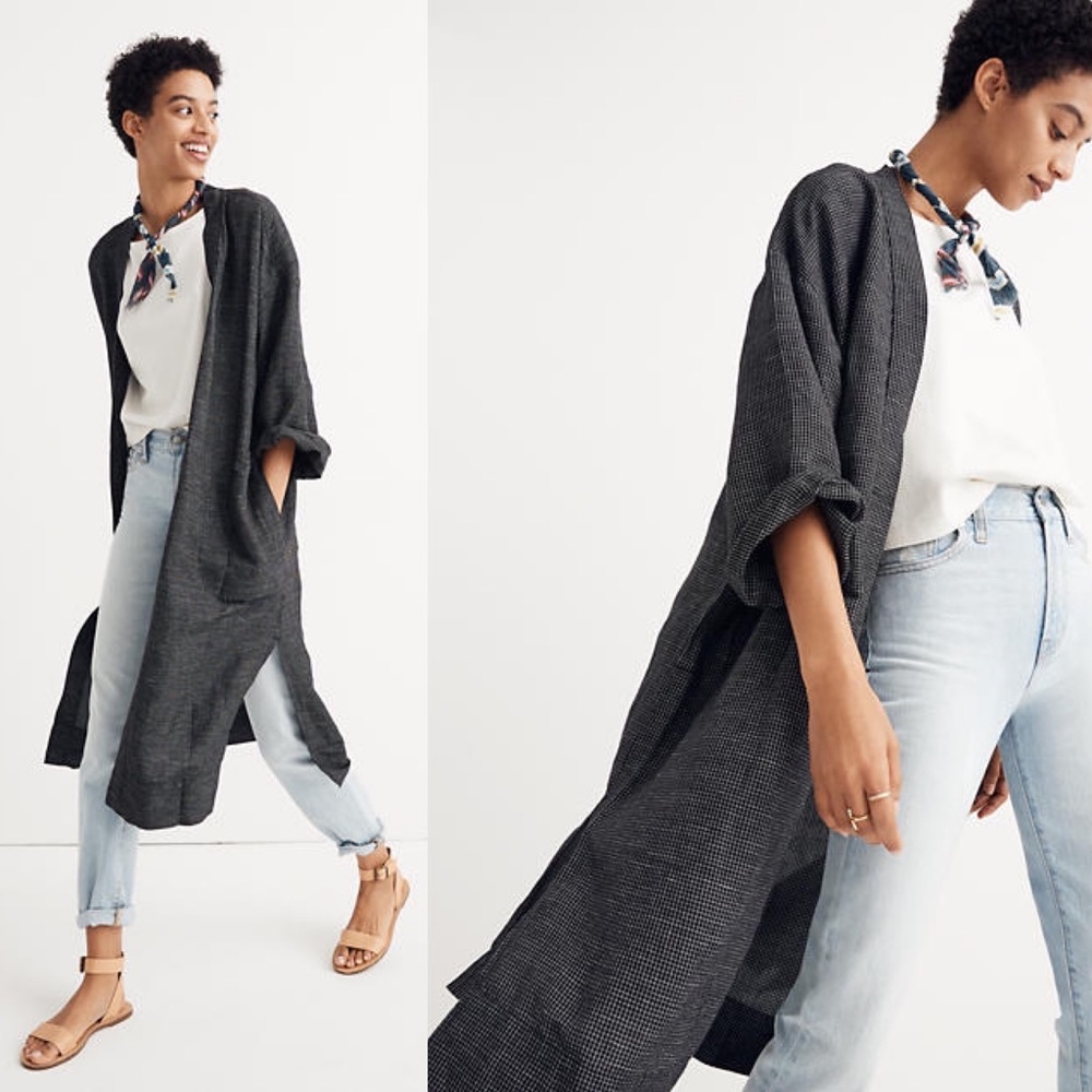 Madewell long robe jacket in grid pattern